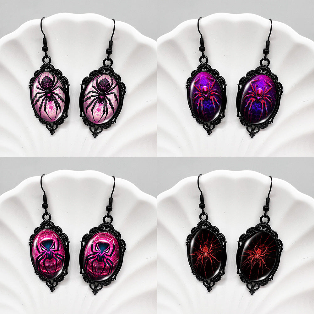 (Assorted 4-Pair Set) Gothic Spider Dangle Earrings - Vintage Black Frame Halloween Jewelry