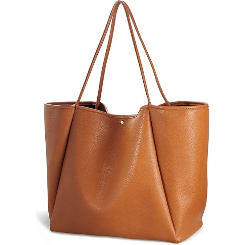 Brown Classic Oversized Tote Bag - Soft Faux Leather Shoulder Purse for Work, Travel &amp; Everyday Use