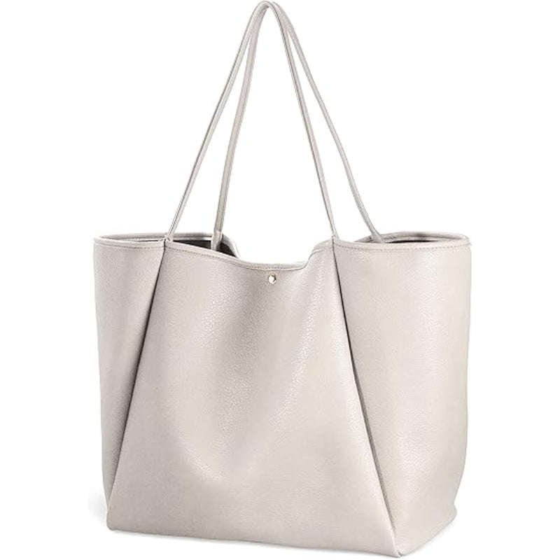 Beige Classic Oversized Tote Bag - Soft Faux Leather Shoulder Purse for Work, Travel &amp; Everyday Use