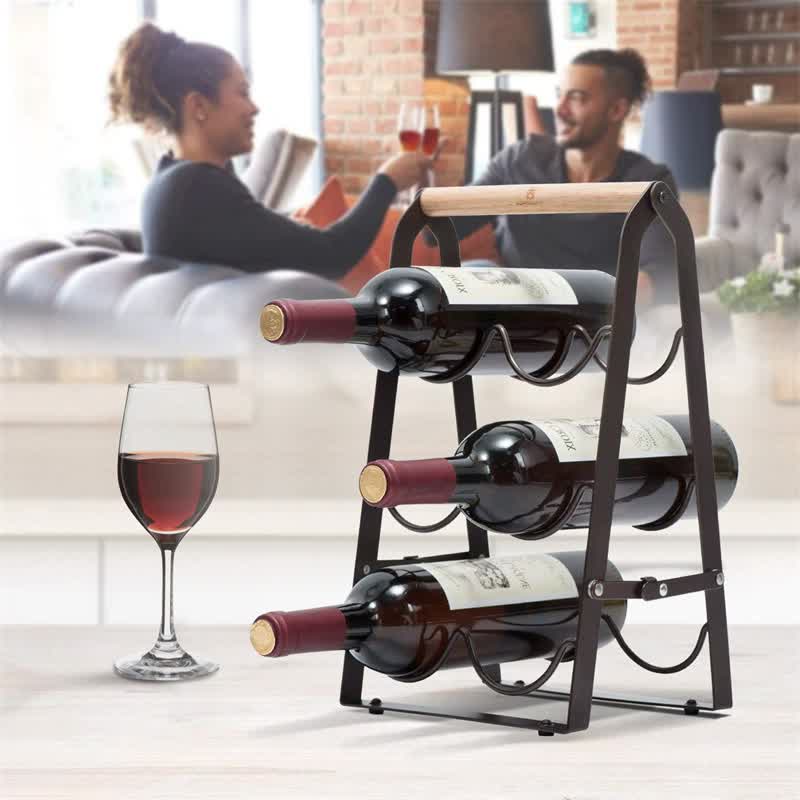 Rustic 6-Bottle Foldable Wine Rack - Metal Countertop Holder with Wooden Handle