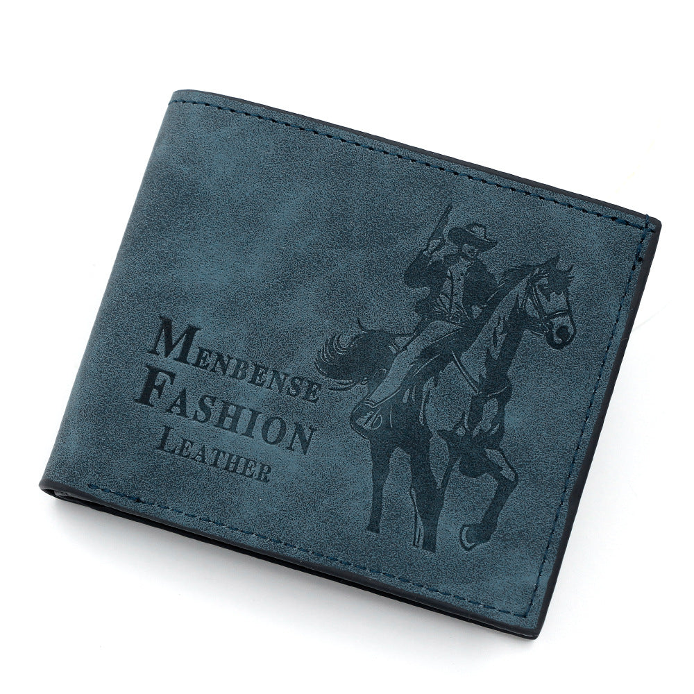 3-PCS Blue Menbense Fashion Leather Wallet Set - Vintage Hunter Design Bi-Fold Wallet with Card Slots