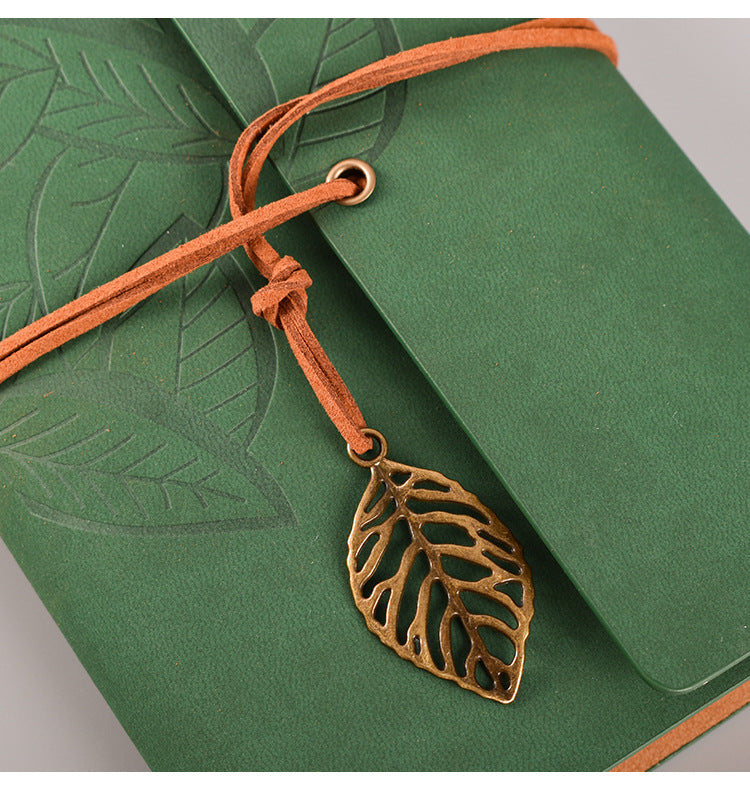 2PCS Black Vintage A5 PU Leather Journal with Leaf Charm - Ring Bound Refillable Notebook Set