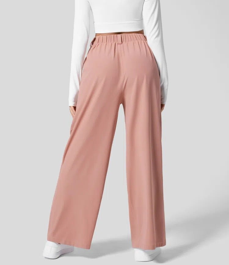 S Pink Drapey High-Waist Wide-Leg Trousers - Loose Fit Casual Long Pants for Women