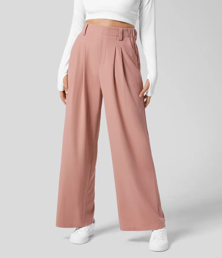 XL Pink Drapey High-Waist Wide-Leg Trousers - Loose Fit Casual Long Pants for Women