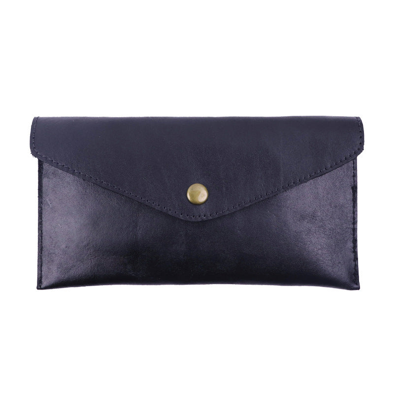 Brown Vintage Japanese Style Full-Grain Leather Phone Wallet - Slim Envelope Clutch for Women