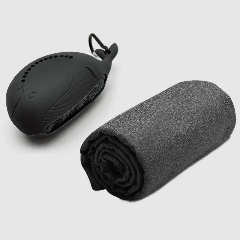 Dark Grey 2-PCS Smart Whale Silicone Case Quick-Dry Towel Set - Portable &amp; Cooling for Gym &amp; Travel