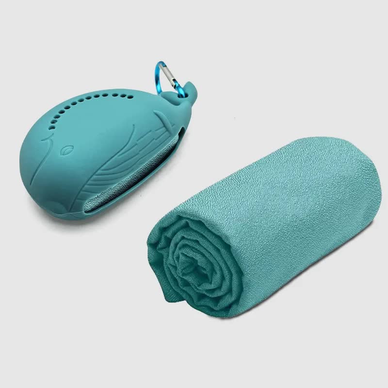 Blue 2-PCS Smart Whale Silicone Case Quick-Dry Towel Set - Portable &amp; Cooling for Gym &amp; Travel