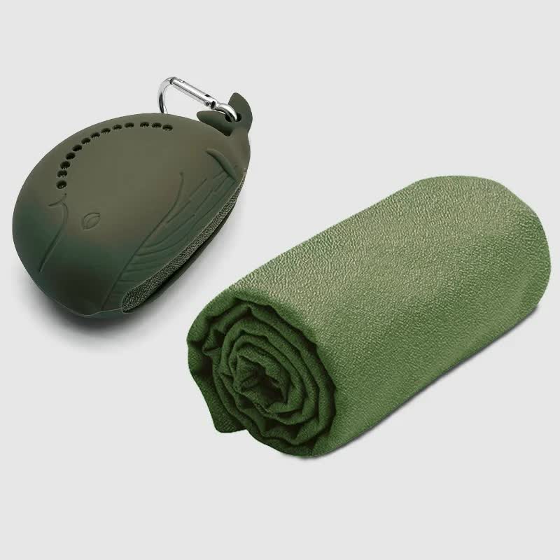 Green 2-PCS Smart Whale Silicone Case Quick-Dry Towel Set - Portable & Cooling for Gym & Travel