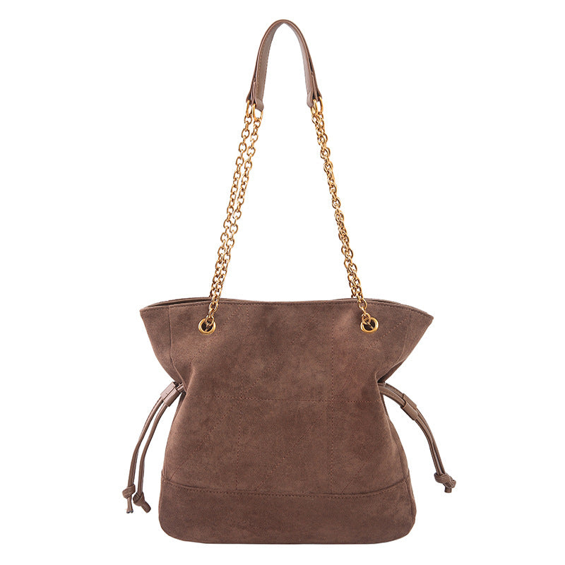 Coffee Chic Suede Hobo Bag for Women - Versatile Tote with Drawstring, Large Capacity Commuter Bucket Bag