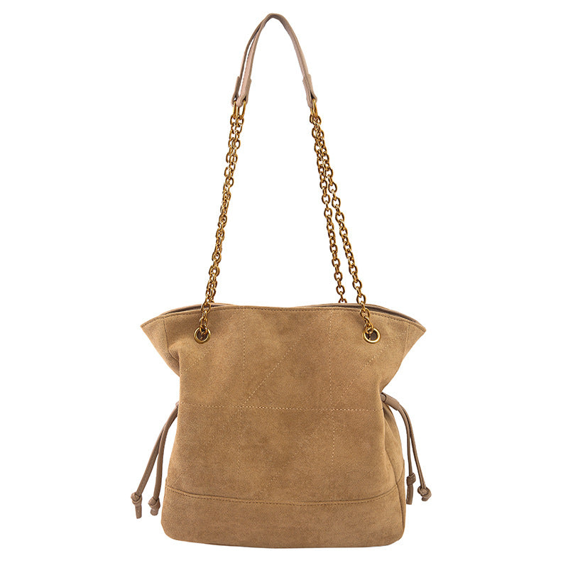 Khaki Chic Suede Hobo Bag for Women - Versatile Tote with Drawstring, Large Capacity Commuter Bucket Bag