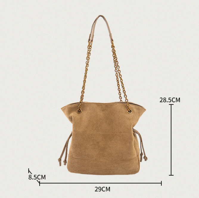 Khaki Chic Suede Hobo Bag for Women - Versatile Tote with Drawstring, Large Capacity Commuter Bucket Bag