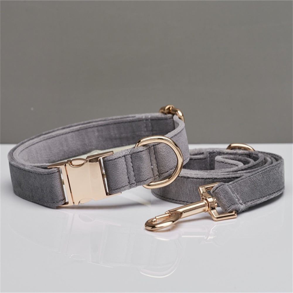 S Grey Luxury Velvet Pet Collar &amp; Leash Set - Engravable Dog Collar with Gold Hardware