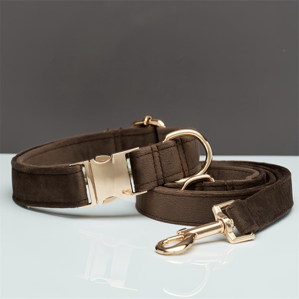 M Brown Luxury Velvet Pet Collar &amp; Leash Set - Engravable Dog Collar with Gold Hardware