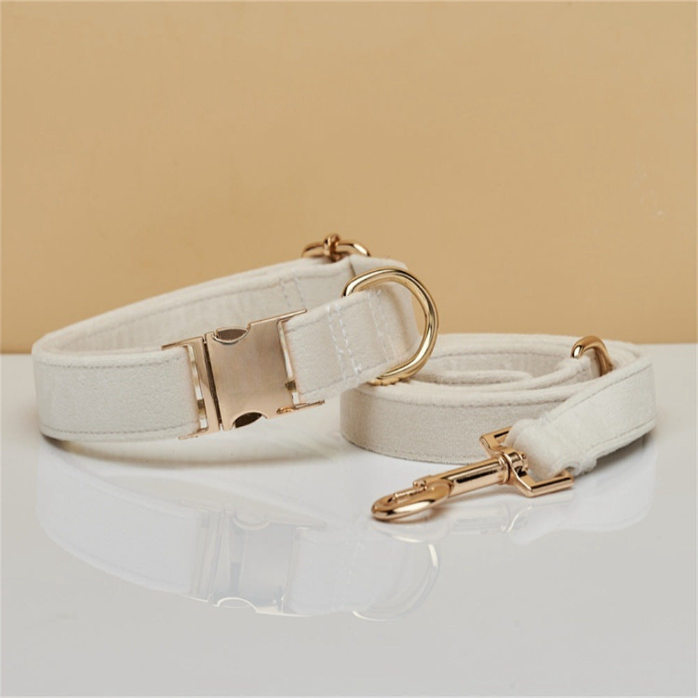M Beige Luxury Velvet Pet Collar &amp; Leash Set - Engravable Dog Collar with Gold Hardware