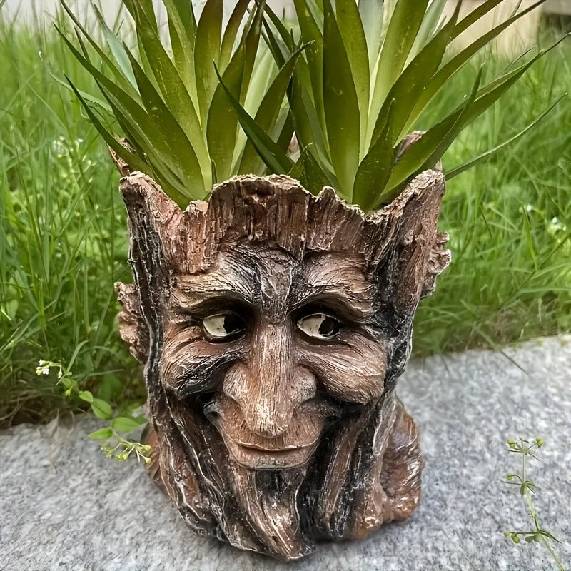 Resin Tree Stump Old Man Head Planter - Home &amp; Garden Decor, Outdoor Pot Ornament