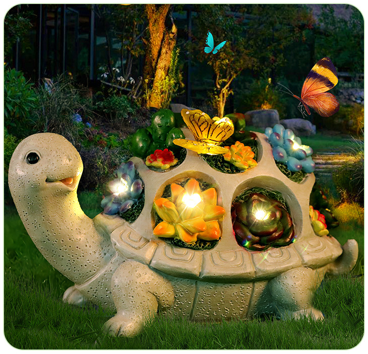 Solar Powered Succulent Turtle Figurine - Garden & Courtyard Ambient Light, Resin Craft Sculpture