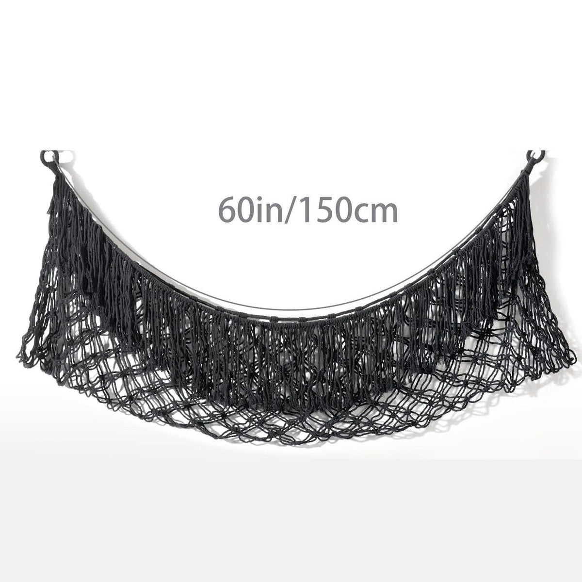 Black Hand-Woven Cotton Rope Plush Toy Hammock - Wall Organizer with Tassels, Decorative Toy Net (150 x 40cm)