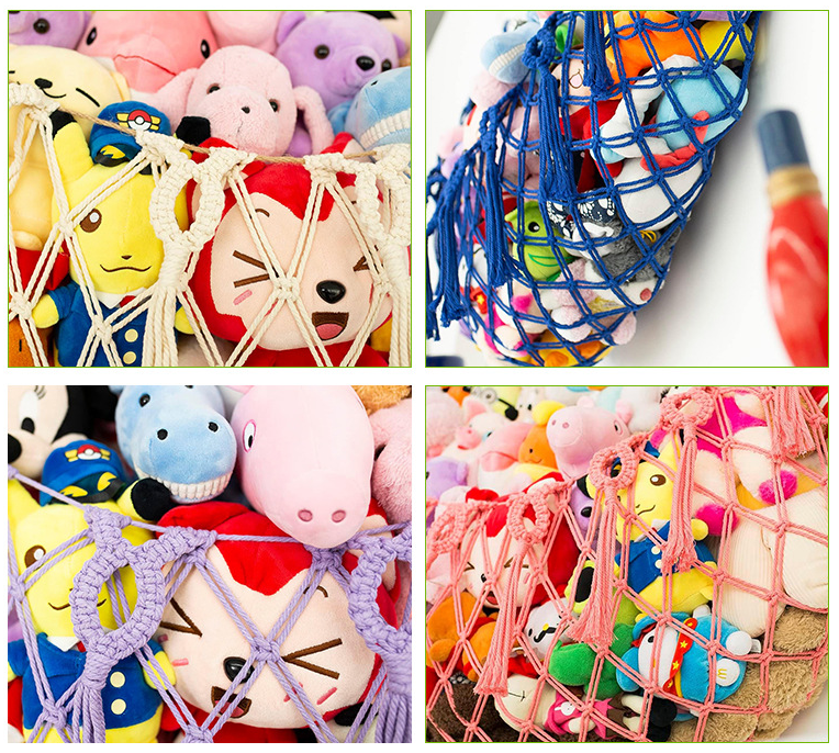 Black Hand-Woven Cotton Rope Plush Toy Hammock - Wall Organizer with Tassels, Decorative Toy Net (150 x 40cm)