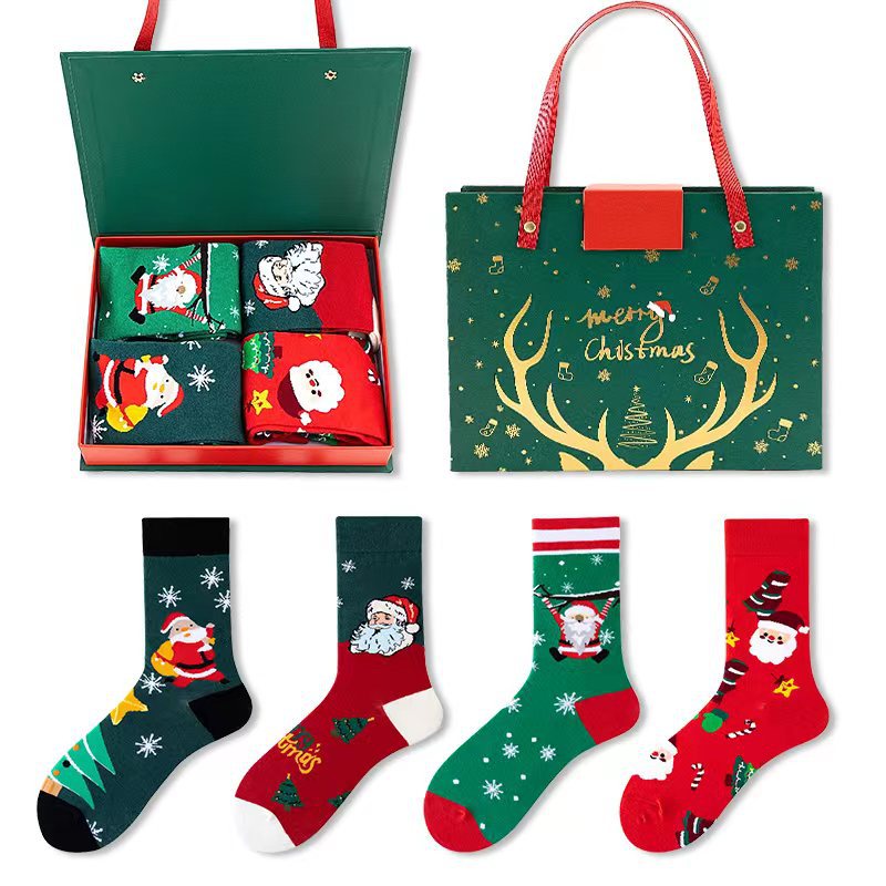 Festive 4-Pair Christmas Sock Gift Box Set - European &amp; American Santa &amp; Snowman Cartoon Cotton Socks