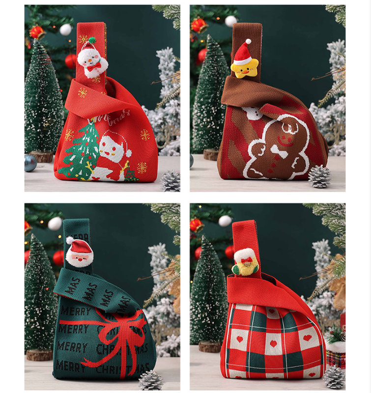 Festive 4-Piece Christmas Gift Bag Set - Adorable Knitted Holiday Treat &amp; Present Pouches