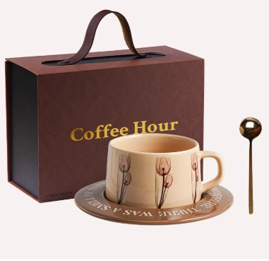 Brown Tulip Elegant Ceramic Coffee Cup & Saucer Set - Couples Gift Box, Premium Wedding & Bridesmaid Favor, High-End Exquisite Design