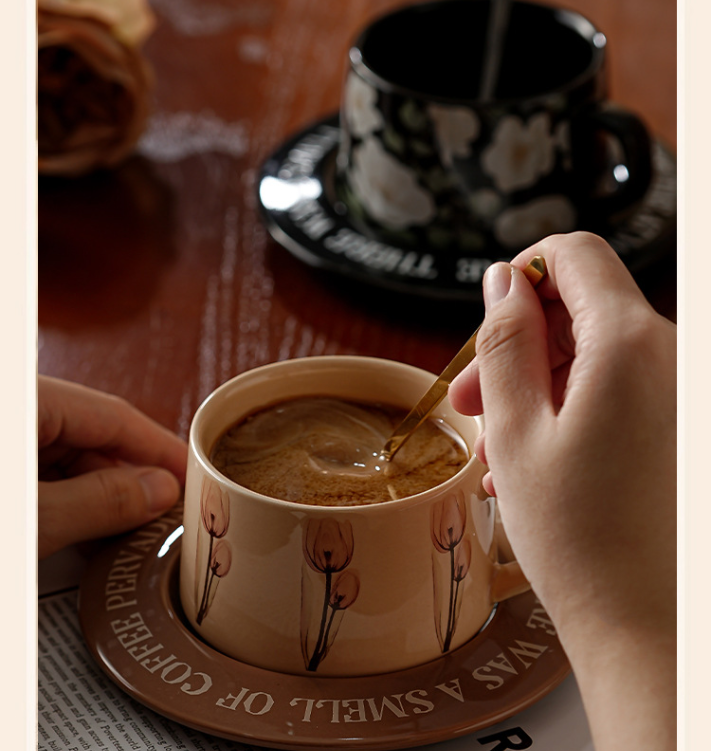 Brown Tulip Elegant Ceramic Coffee Cup & Saucer Set - Couples Gift Box, Premium Wedding & Bridesmaid Favor, High-End Exquisite Design