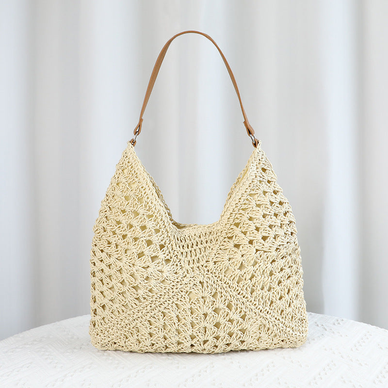 Beige Stylish Woven Shoulder Bag - Fashionable Versatile Handbag &amp; Crossbody Straw Beach Tote (39x27x39 cm)