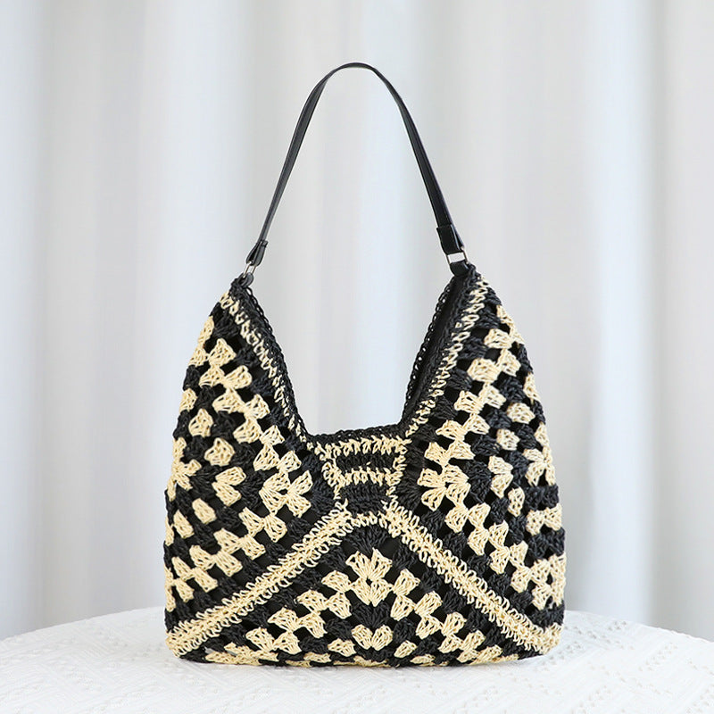 Black Stylish Woven Shoulder Bag - Fashionable Versatile Handbag &amp; Crossbody Straw Beach Tote (39x27x39 cm)