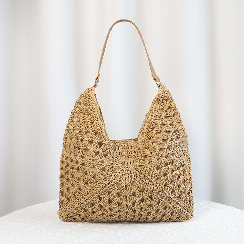 Khaki Stylish Woven Shoulder Bag - Fashionable Versatile Handbag &amp; Crossbody Straw Beach Tote (39x27x39 cm)