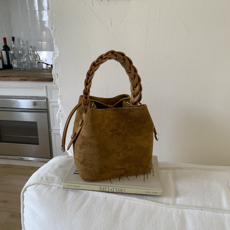 Brown Retro Maillard Brown Mini Bag - 2025 New Casual Versatile Women's Crossbody & Exquisite Braided Handle Bucket Bag (15x12x14 cm)