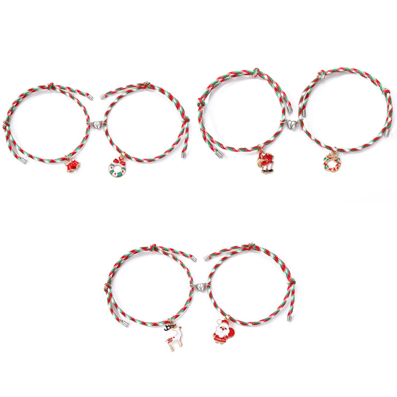 3 Pairs Cute Couple Bracelets - Magnetic Christmas &amp; New Year Friendship Rope Bracelets with Charms (Adjustable, 9.3g)