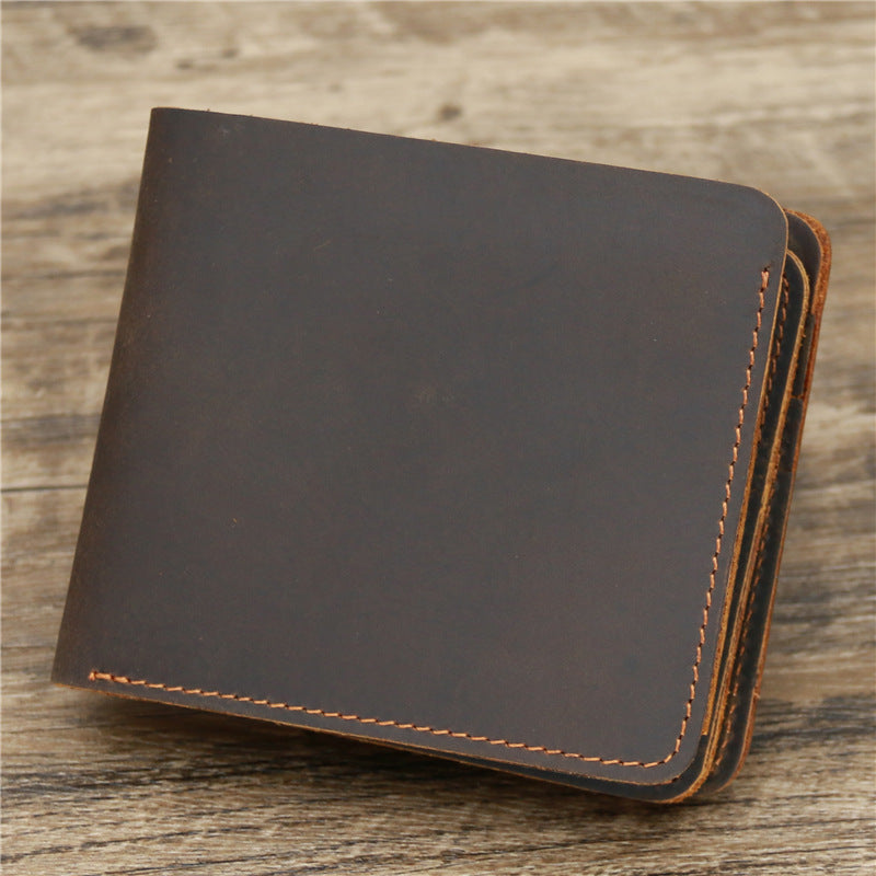 Dark Brown Men's Crazy Horse Leather Wallet - Genuine Leather Bifold Card Holder, Retro Rugged Top-Grain Cowhide (11.5x2x9.5 cm, 120g)