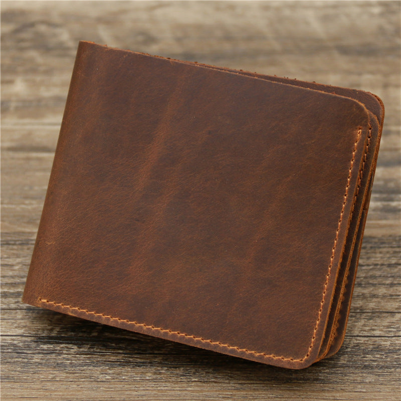 Red Brown Men&#39;s Crazy Horse Leather Wallet - Genuine Leather Bifold Card Holder, Retro Rugged Top-Grain Cowhide (11.5x2x9.5 cm, 120g)