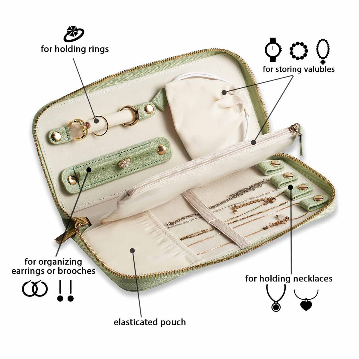Green Portable Travel Jewelry Organizer - Anti-Tangle Storage for Necklaces, Earrings, Rings & Bracelets (24.9x11.4 cm)