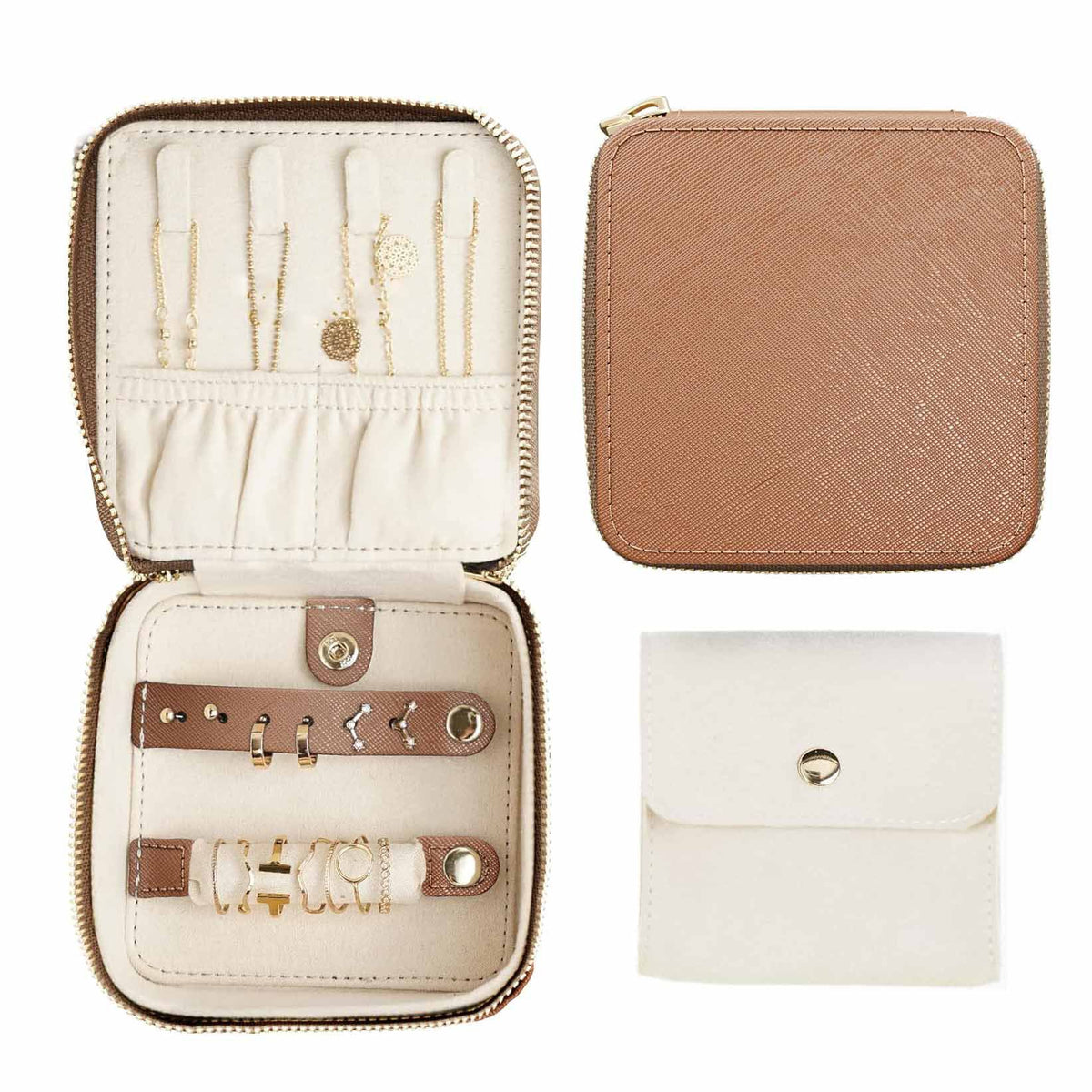 Brown "Small But Mighty" Leather Jewelry Box - Portable Organizer for Earrings, Necklaces, Rings &amp; More (4x4x2 inches)