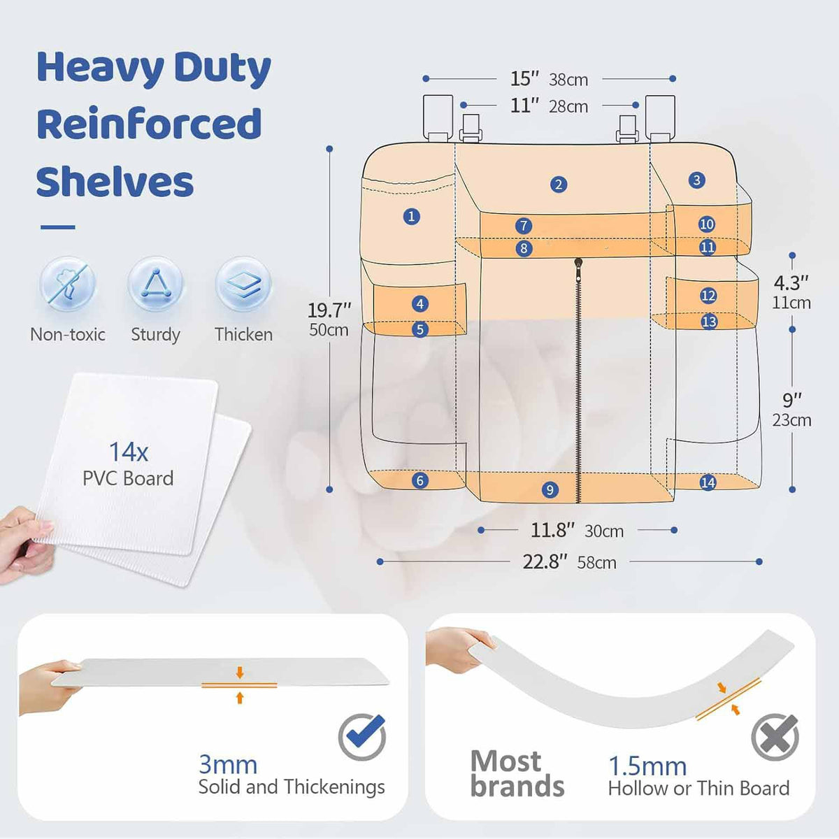 Light Grey Nursery Storage Organizer - Heavy Duty Reinforced Hanging Diaper Caddy for Crib or Wall (58x30x50 cm)