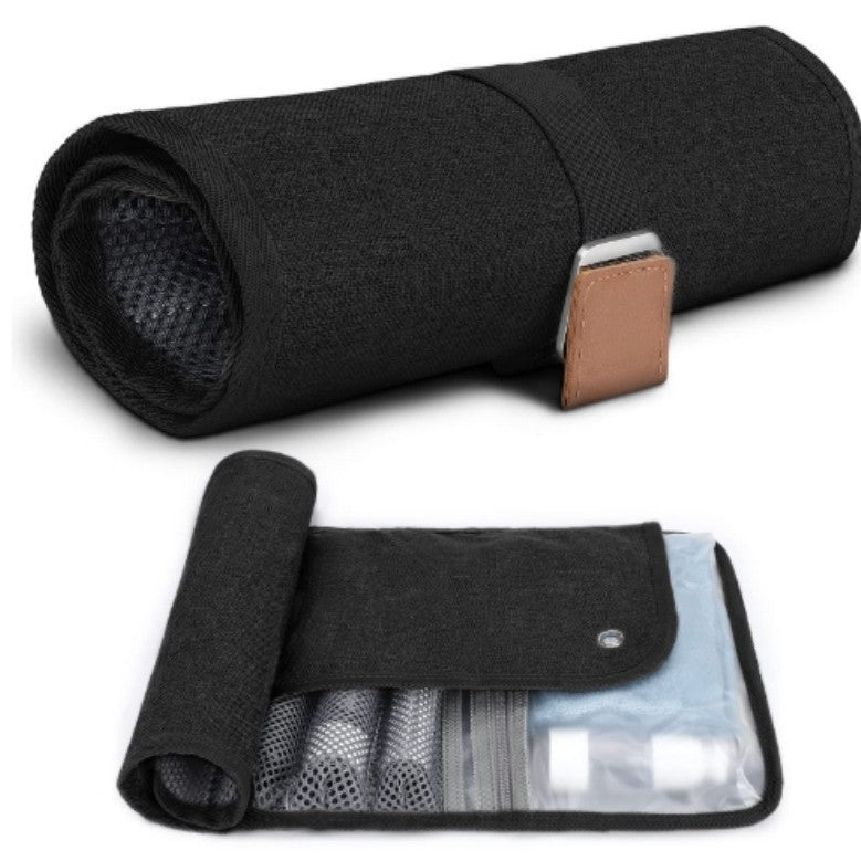 Black Men&#39;s PU Leather Toiletry Bag - Waterproof Travel Organizer for Shaving Kits &amp; Bathroom Accessories (50.8x25.4 cm unfolded, 25.4 cm rolled)