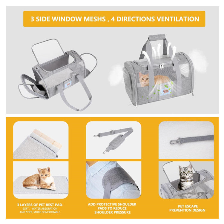 Grey Large Cat & Small Dog Carrier - Soft-Sided, Foldable & Breathable Pet Travel Bag (43x30x28 cm)