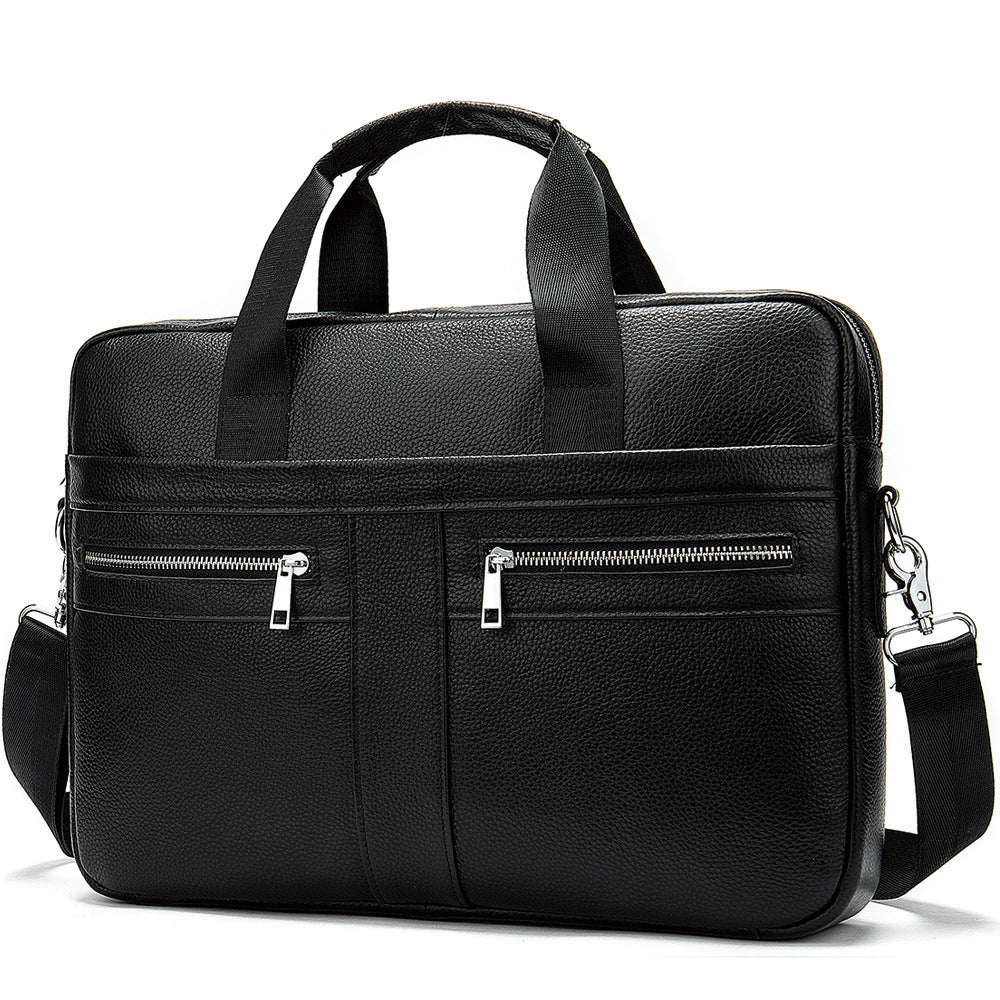 Black Men's Vintage Genuine Leather Briefcase 14 Inch Laptop Messenger Bag Business Shoulder Satchel with Dual Front Pockets Ideal for Office Work