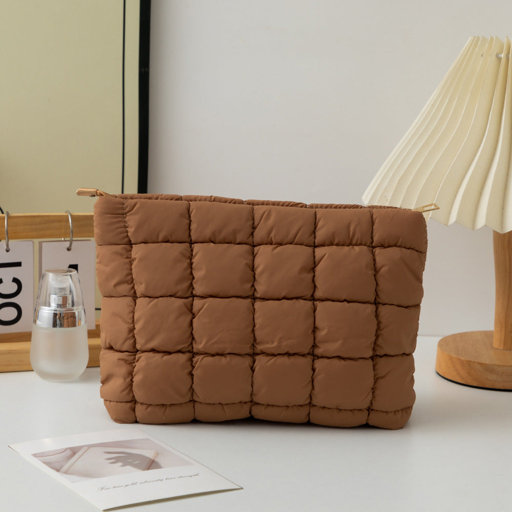 Dark Brown 2 Pack Quilted Puffer Clutch Bag Set Checkered Makeup Pouch Women Fashion Cosmetic Organiser for Travel and Daily Use