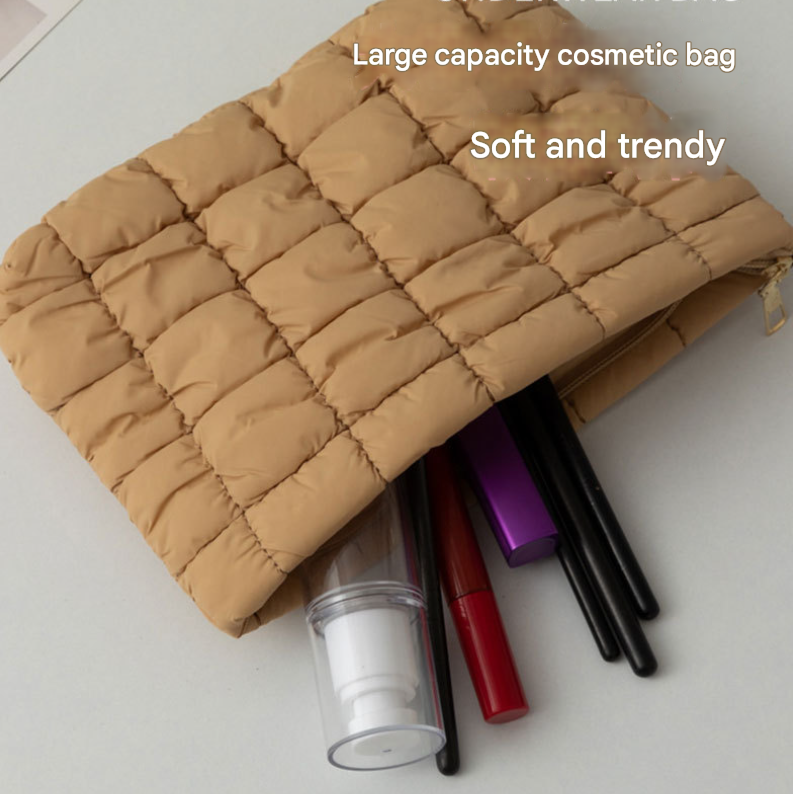 Dark Brown 2 Pack Quilted Puffer Clutch Bag Set Checkered Makeup Pouch Women Fashion Cosmetic Organiser for Travel and Daily Use