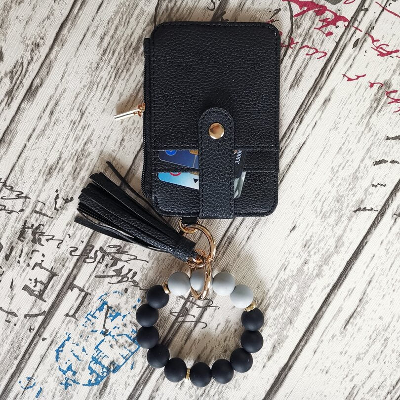 2 Pack Black Silicone Beaded Wristlet Keychain Wallet Bangle with Tassel PU Leather ID Card Holder for Women Hands Free Key Ring Organiser
