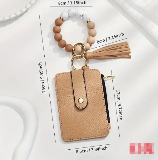 2 Pack Yellow Flower Silicone Beaded Wristlet Keychain Wallet Bangle with Tassel PU Leather ID Card Holder for Women Hands Free Key Ring Organiser