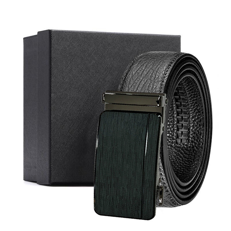 Men&#39;s Genuine Leather Ratchet Belt Automatic Buckle 120cm Adjustable Waistband with Gift Box for Business and Casual Wear