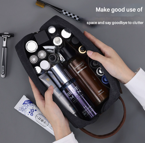 Grey Men's Vintage Canvas Toiletry Bag PU Leather Accent Travel Wash Pouch Large Capacity Shaving Kit Organiser