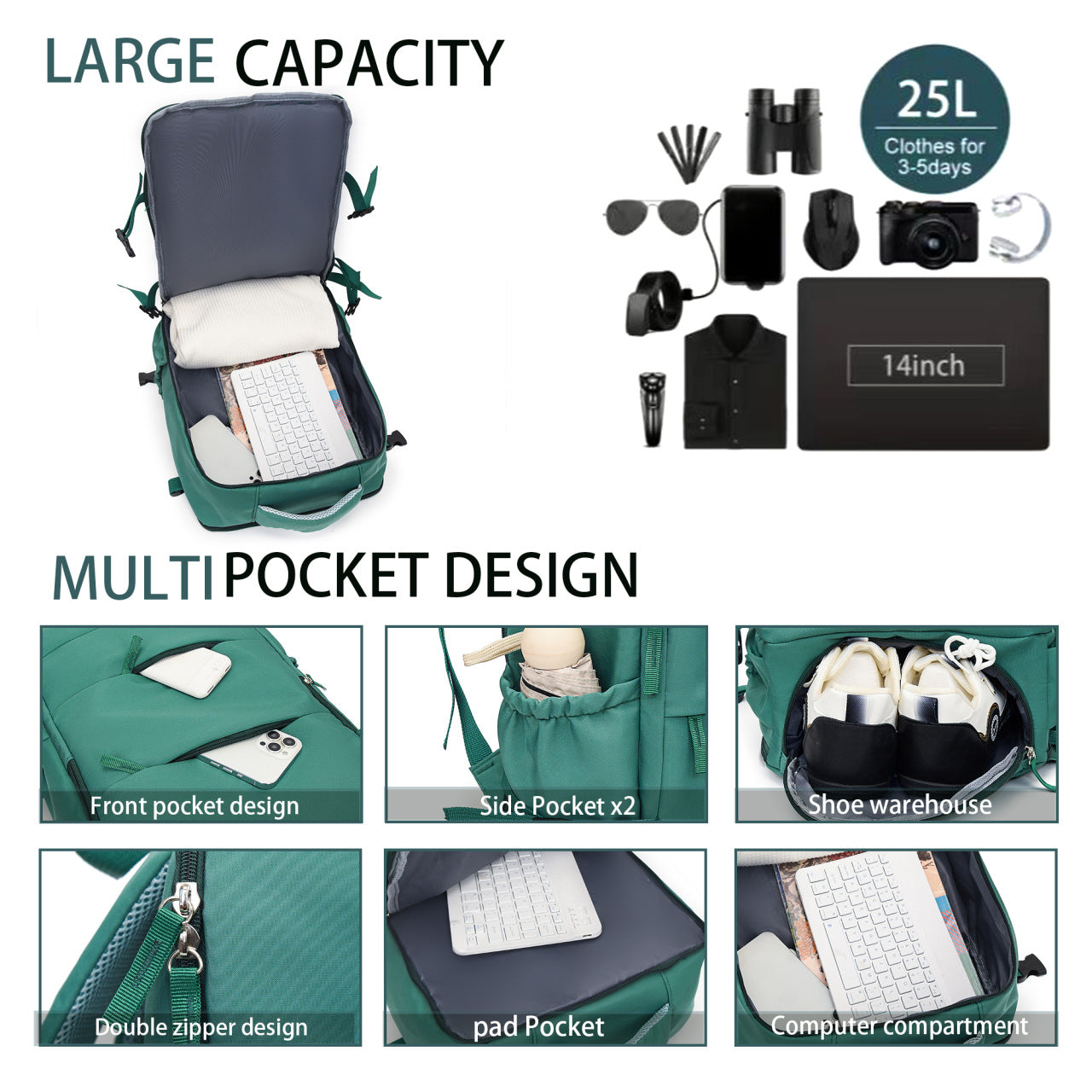 Grey 25L Travel Laptop Backpack with Shoe Compartment 180 Degree Opening Carry On Rucksack Fits 14 Inch Laptop Ideal for Business and Weekends