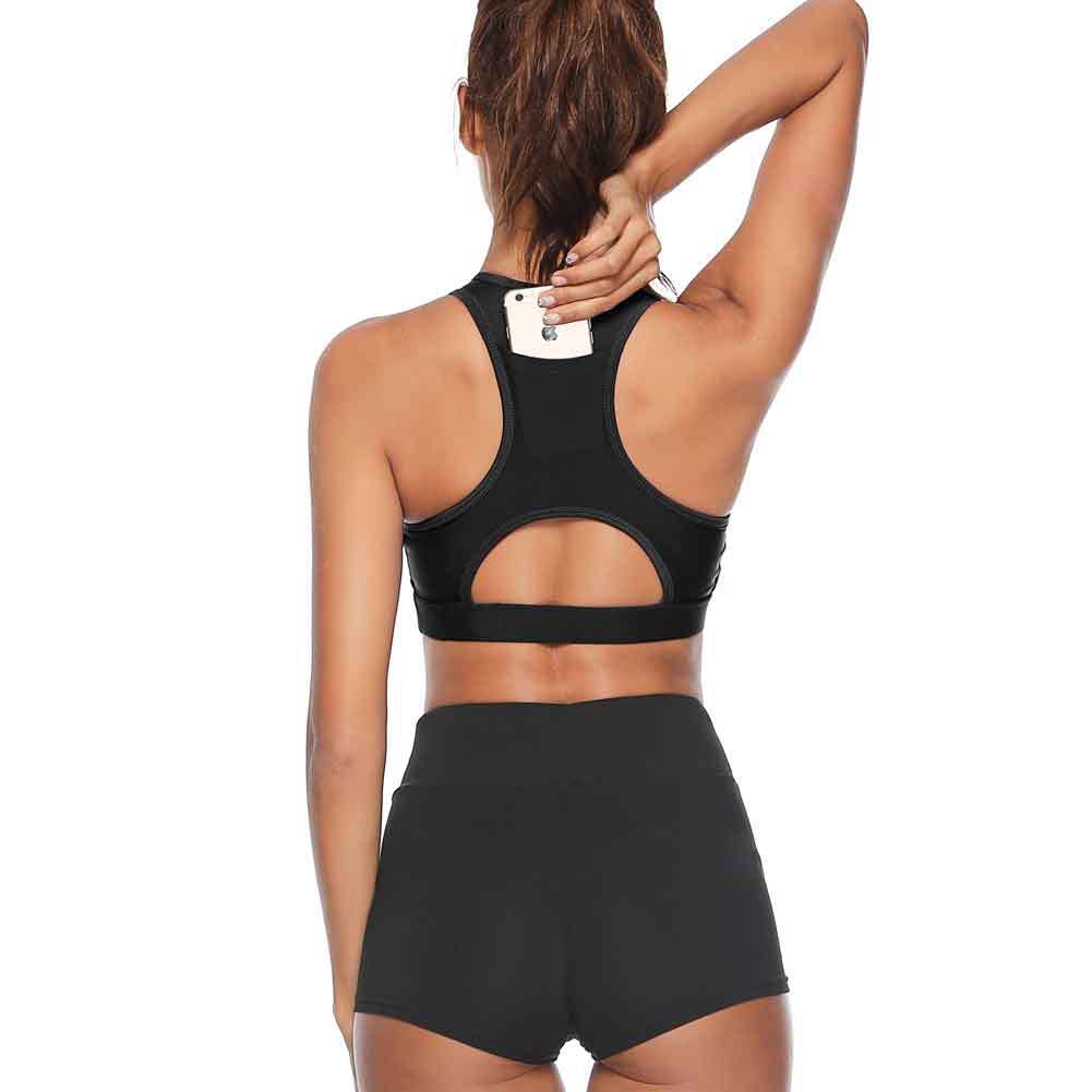 XS Black Women Sports Bra with Back Phone Pocket Racerback Yoga Crop Top Medium Support Activewear for Running Gym and Fitness