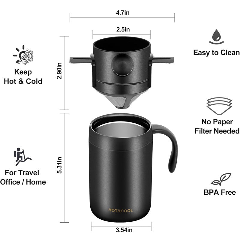 Black Portable Pour Over Coffee Maker Set Stainless Steel Insulated Travel Mug with Collapsible Reusable Dripper Filter for Camping Office and Home