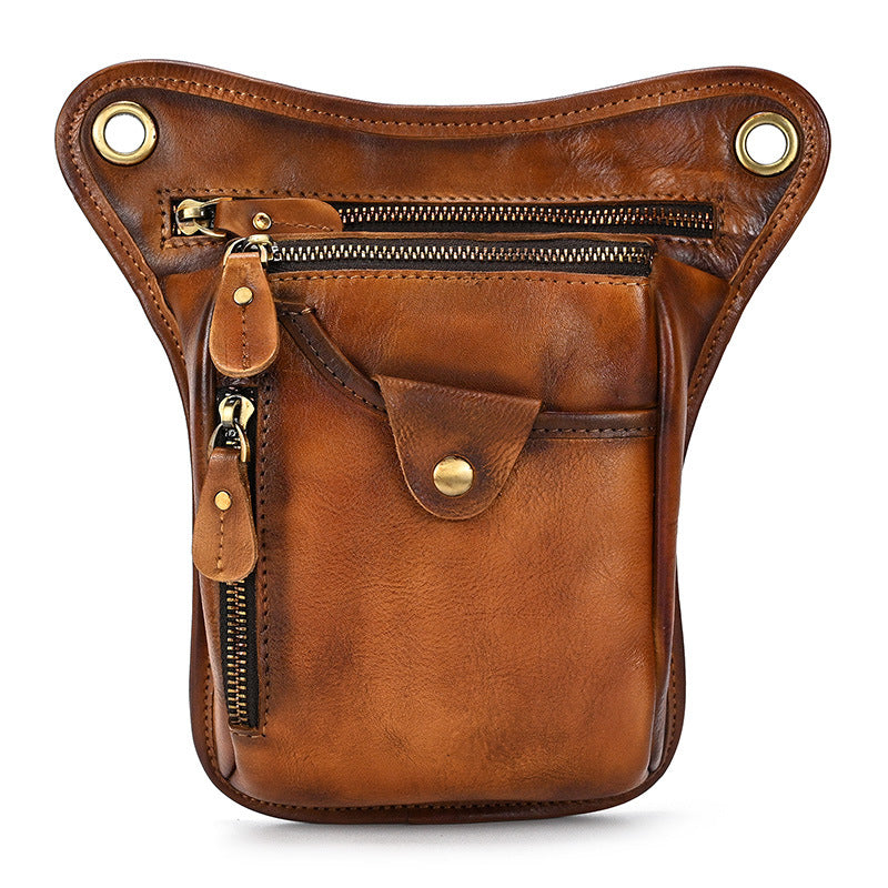 Brown-yellow Vintage Crazy Horse Leather Drop Leg Bag Waist Pack Thigh Pouch for Motorcycling Hiking and Travel Multipurpose Organiser