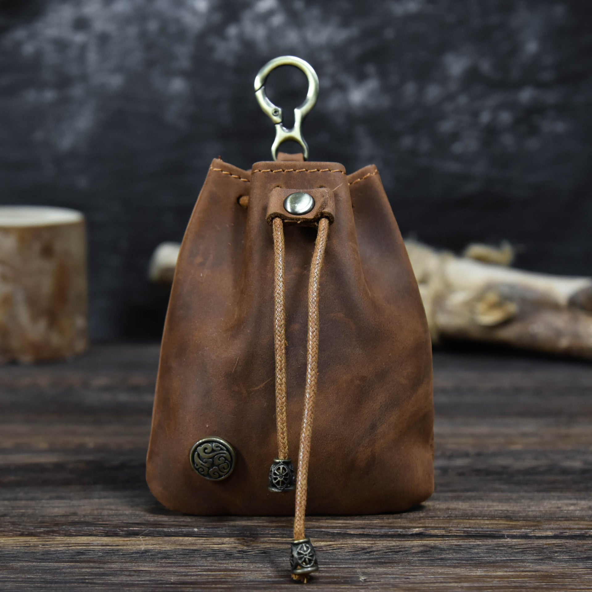 Brown Vintage Crazy Horse Leather Coin Purse Handmade Drawstring Pouch with Belt Clip Small Storage Bag for Coins Keys and Dice EDC
